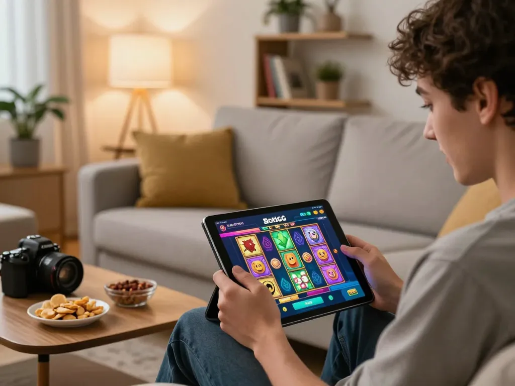 Player engaging with SlotsGG mobile app showcasing exciting slot games in a cozy home setting.