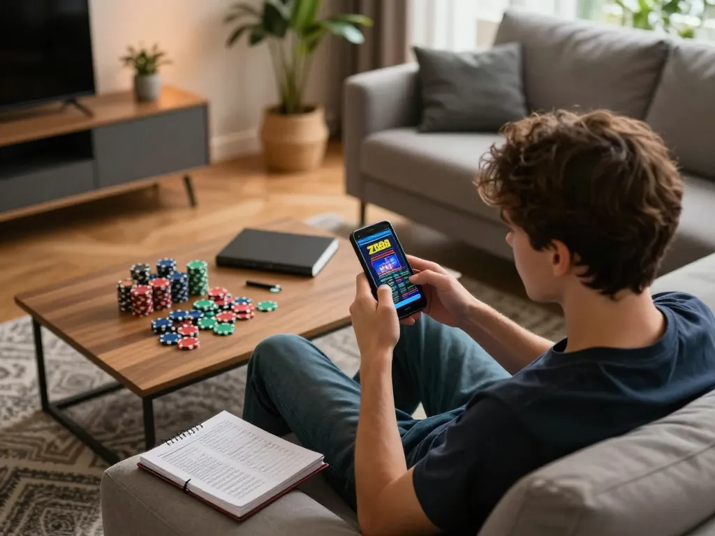 Player using zx88 casino app on smartphone in a cozy living room setting while analyzing strategies.