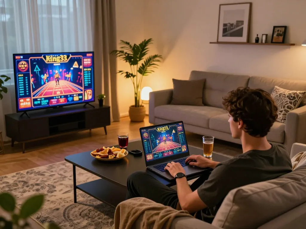 Engaging in captivating online casino gameplay with King33 on a modern setup, showcasing the vibrant interface and cozy atmosphere