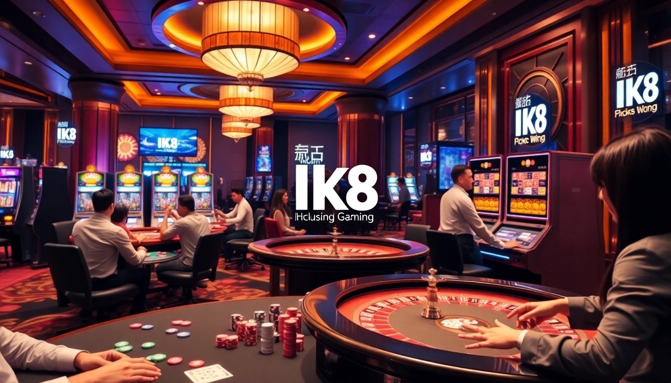 Experience the thrill of BK8thai ทางเข้า with players at various casino tables and stunning slot machines.