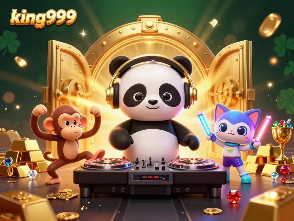 Gambarkan king999 saat DJ panda beraksi dengan permainan kasino yang meriah dan penuh warna.
