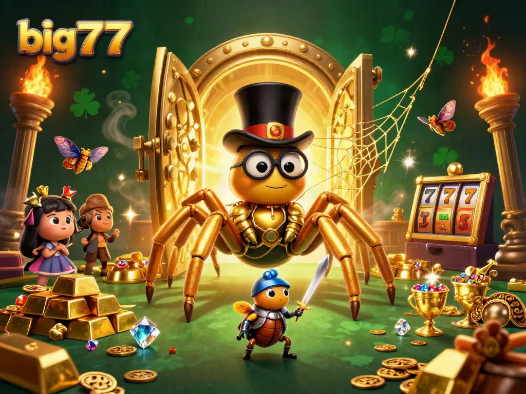 Engage with big777 in this festive casino scene filled with treasures, slots, and adventurous characters.