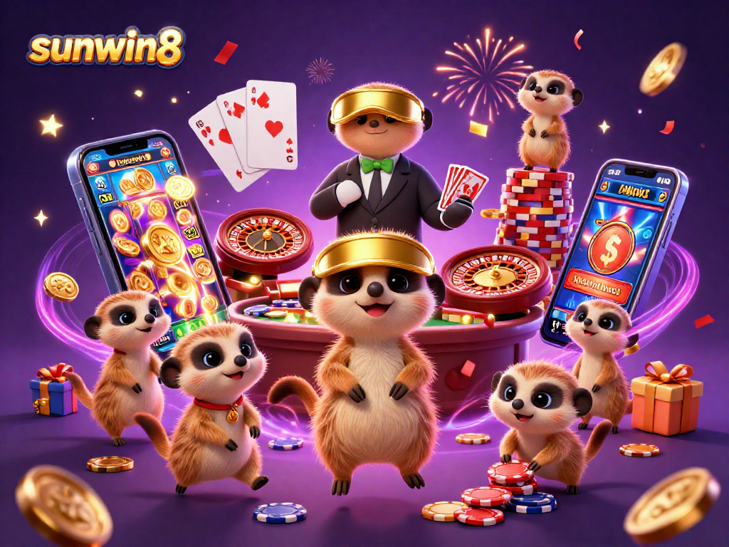 Engage with the dynamic world of sunwin8, featuring meerkats running a lively casino scene filled with vibrant game elements.