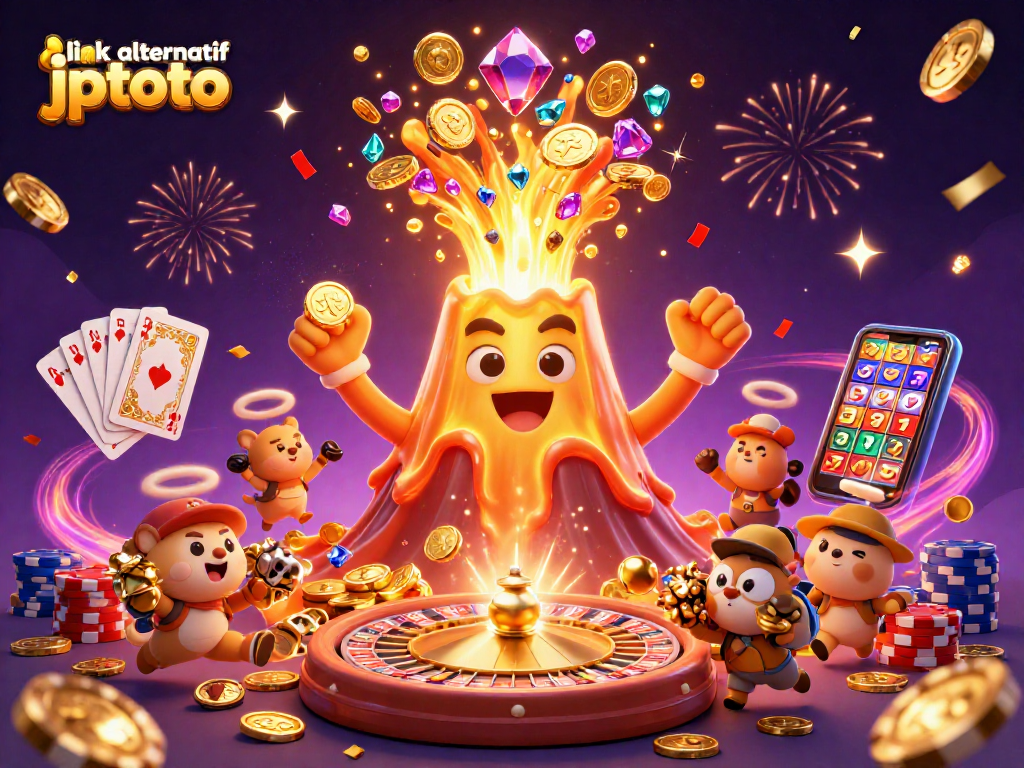 Spin to win with link alternatif jptoto, featuring a vibrant 3D casino scene filled with treasure!