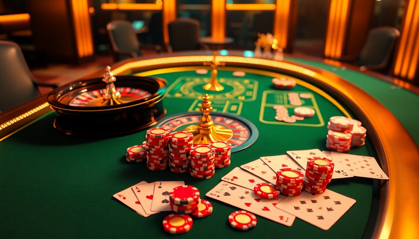 Exciting RR88 Auction casino scene with poker chips, roulette wheel, and playing cards