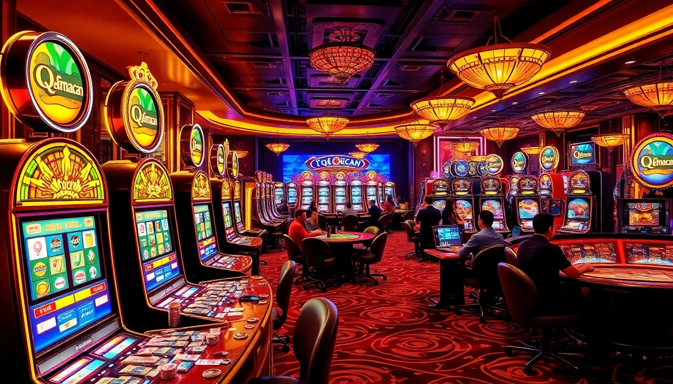 Experience the excitement of qqmacan with vibrant slot machines and engaging gameplay in a luxury casino setting.