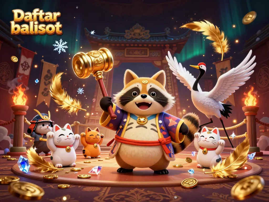 Play slots with Daftar balisot, surrounded by cheerful tanuki, crane, and fortune cats.