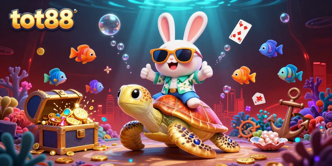 Join the fun at tot88 casino with a cartoon lucky rabbit and sea turtle amidst bubbles, treasure, and excitement!