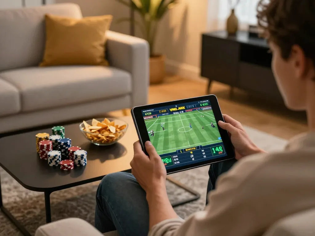Experience thrilling sports betting with cm888 on a tablet in a cozy home setting
