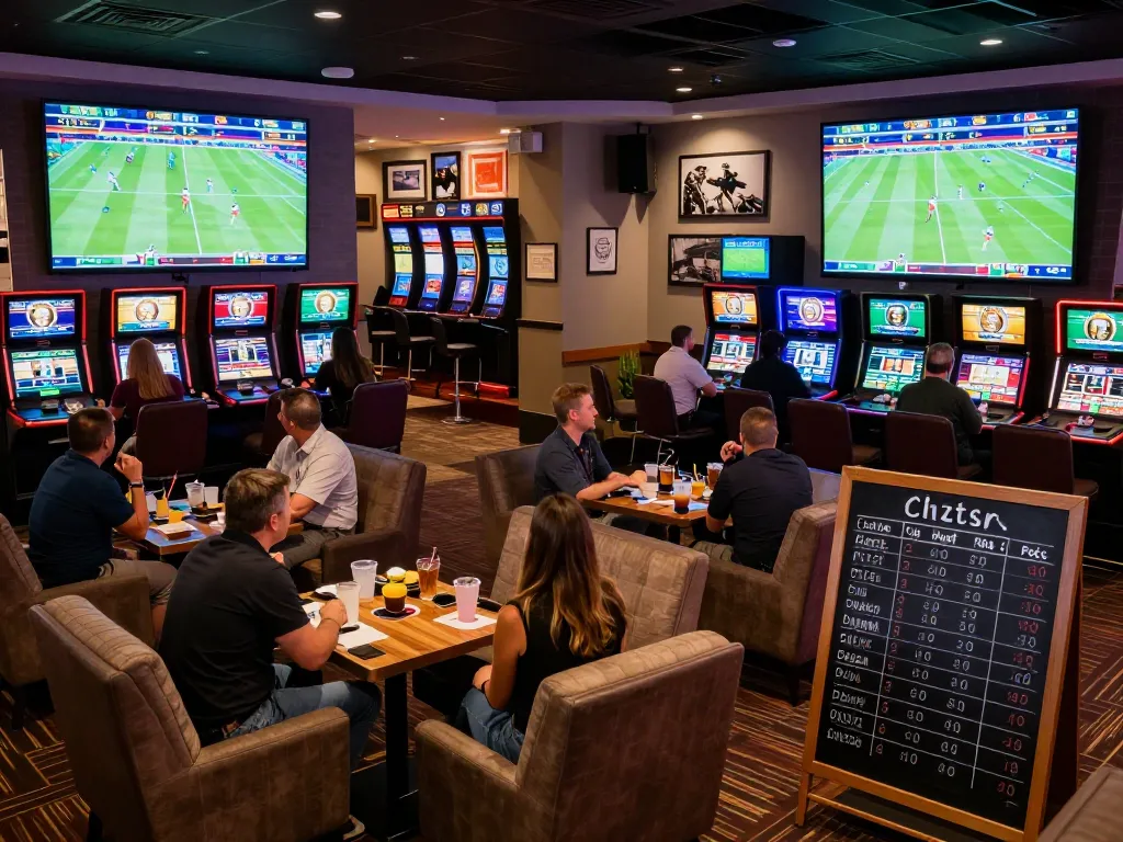 Dynamic scene showing ทางเข้า m113 for sports betting, with patrons engaging and celebrating wins in a lively casino lounge.