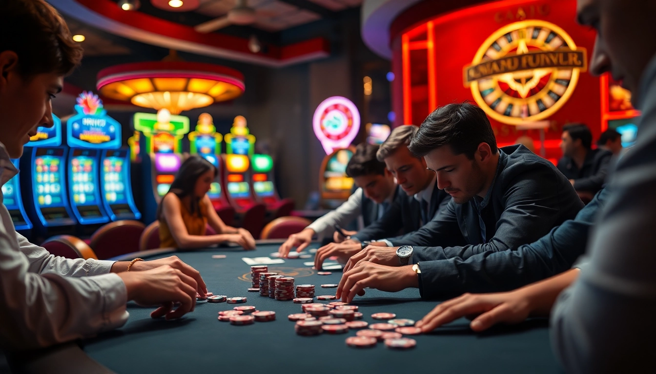 Permainan poker menarik di kasino bbni4d dengan suasana yang meriah dan pencahayaan dramatis.