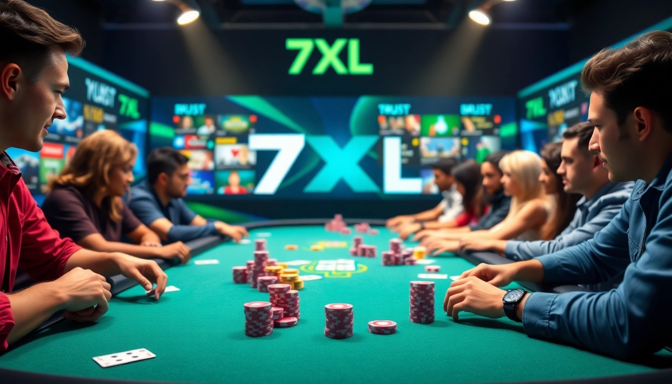 7xl להורדה - סצנת פוקר מרתקת המציגה את פלטפורמת הפוקר המקוון 7XL עם שחקנים והממשק הדיגיטלי הצבעוני.