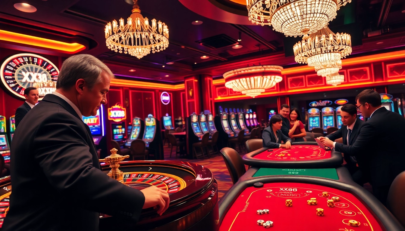 Action-packed casino scene featuring gamblers engaged with 'XX88' on digital interfaces and roulette wheels.