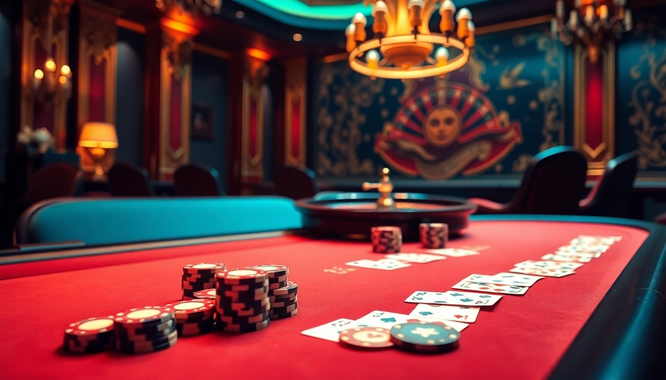 KJC players strategizing at a luxurious casino table with poker chips and cards.