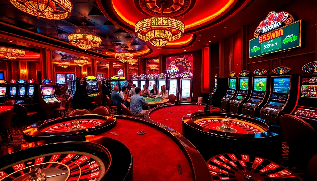 Experience the thrill of gambling with 555win at a luxurious casino featuring roulette and poker tables.