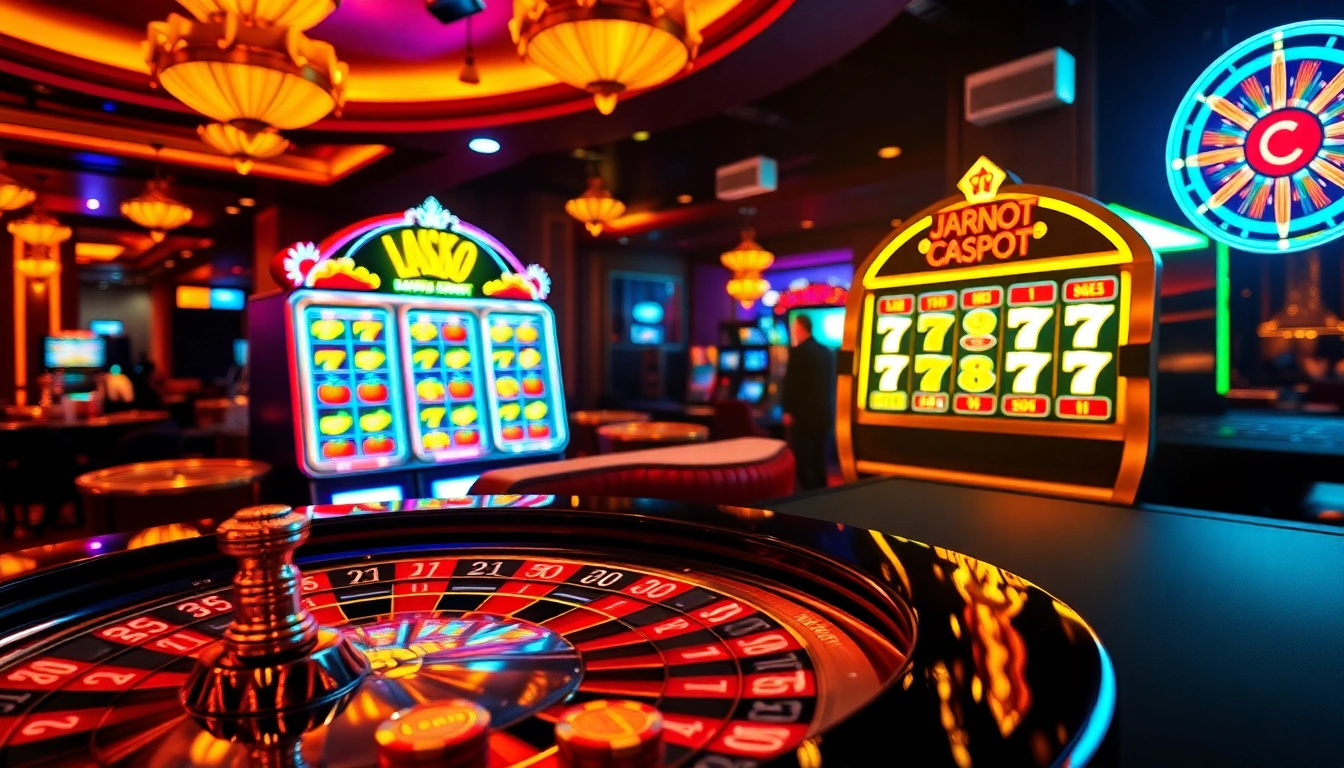 Experience the excitement of gambling at https://l444.art/ with a vibrant casino scene featuring roulette and slot machines.