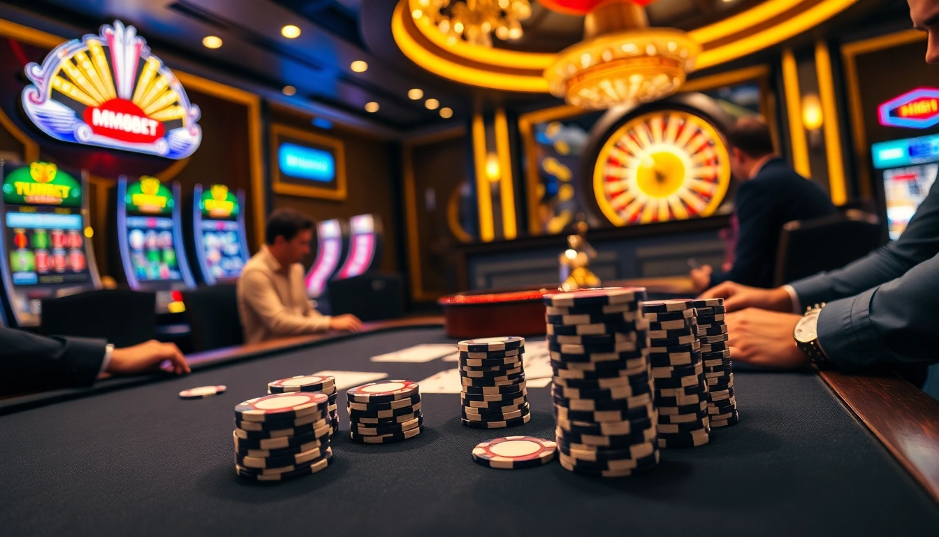 Players strategizing at a high-stakes poker table in an MM88BET casino setting.