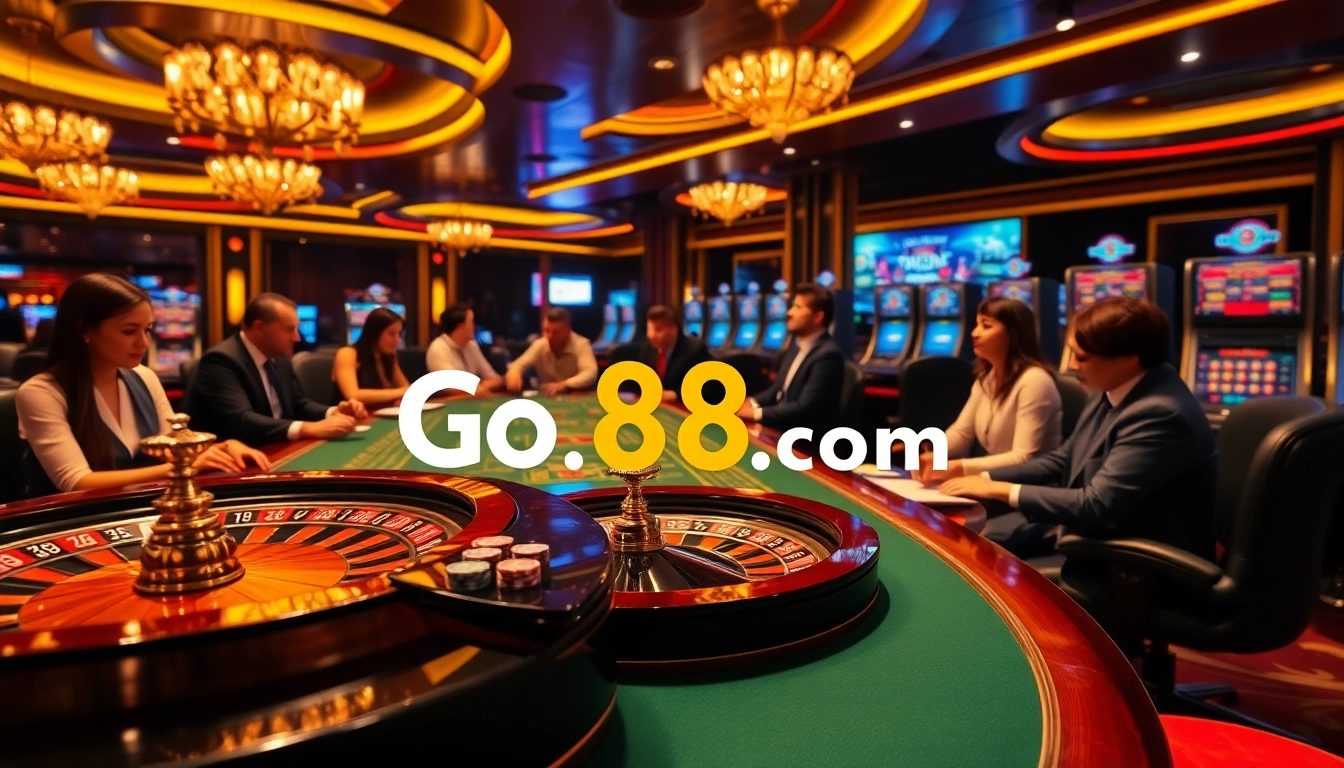Experience thrilling gameplay at go 88 com with vibrant casino tables and excited gamblers.