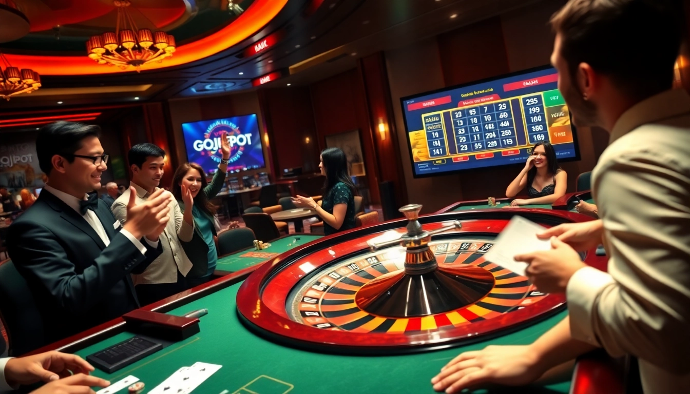 Players engaging in thrilling roulette gameplay at the Gojekpot casino, surrounded by vibrant decor and excitement.