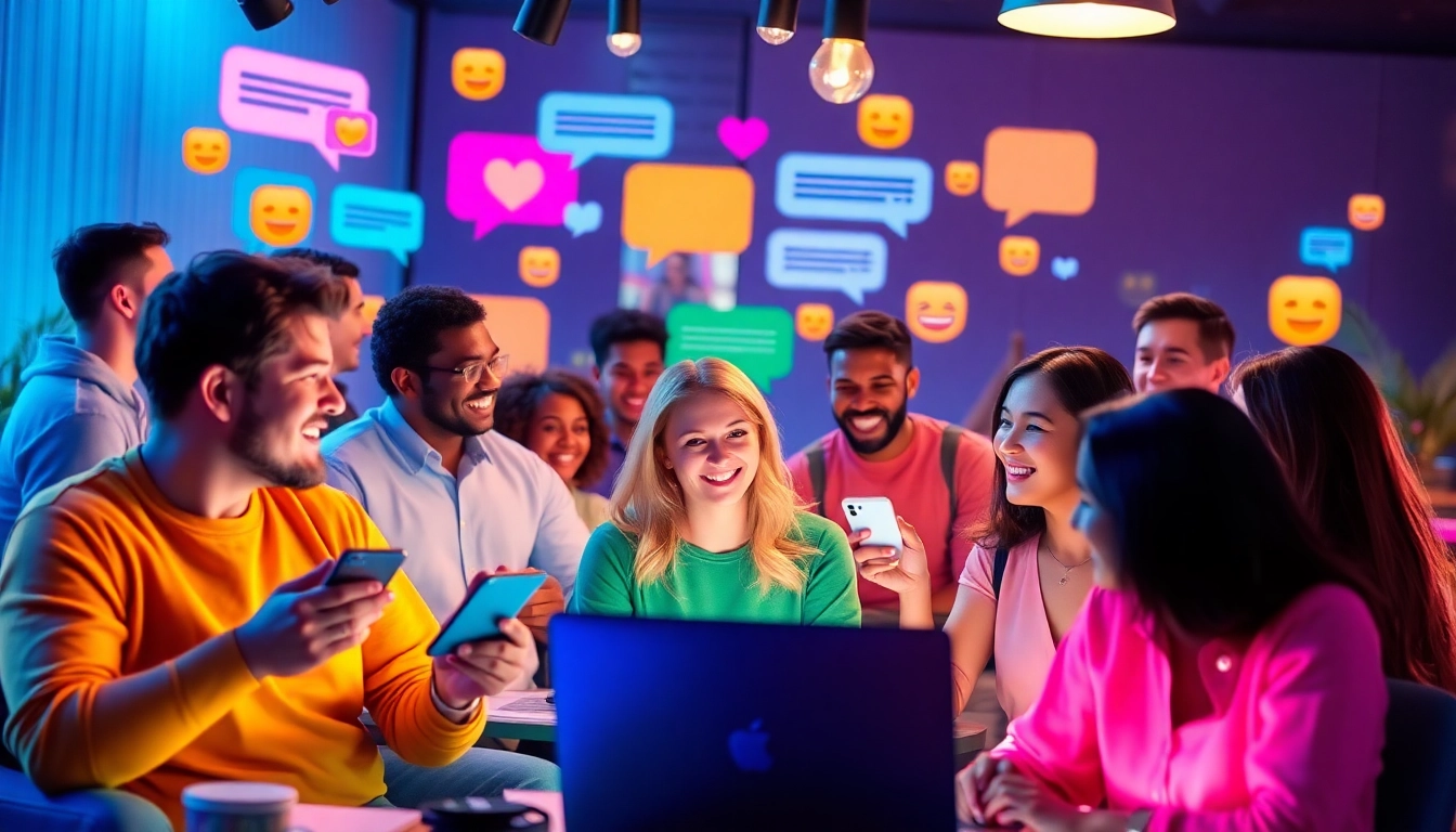 غرفة دردشة إلكترونية نابضة بالحياة تعرض شات دردشتي مع تفاعل مستخدمين متنوعين وأجهزة رقمية.
