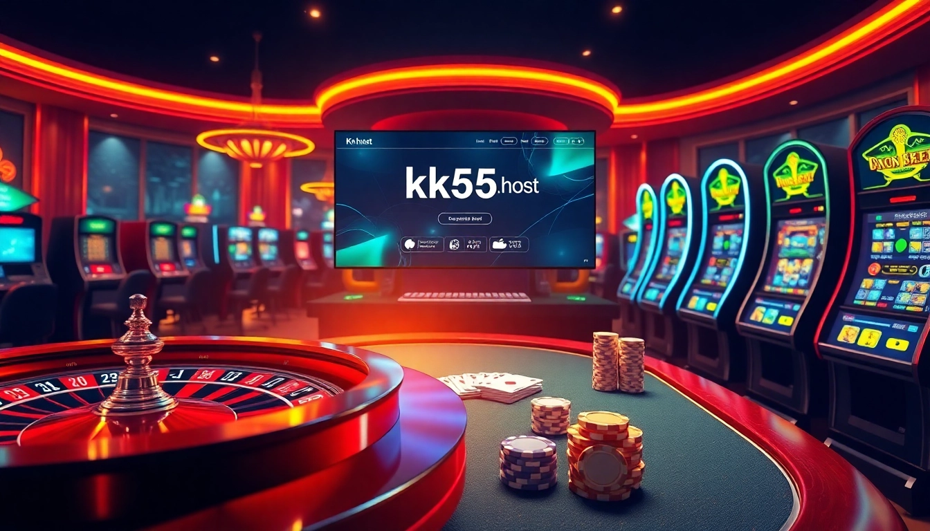 Experience excitement at https://kk55.host/ with a captivating casino scene featuring poker tables and slot machines.
