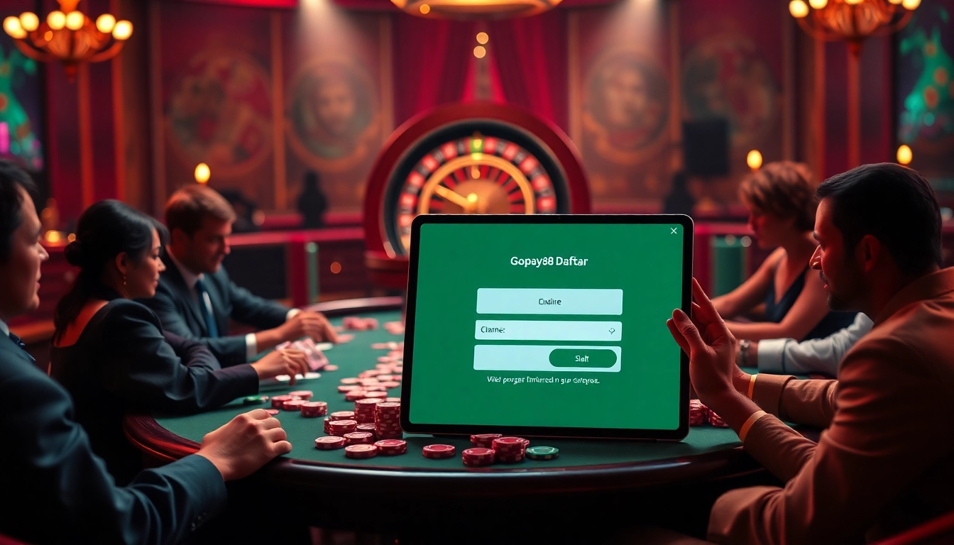 Gopay88 Daftar registration at an online casino table surrounded by vibrant gaming elements.
