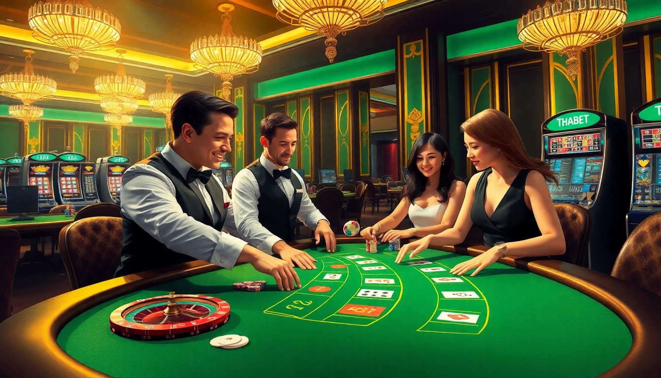 Thrilling casino gaming scene featuring THABET with dealers and players engaging in a game of chance.