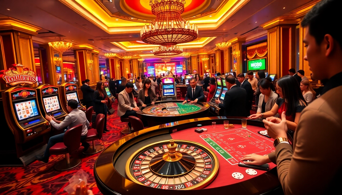 Experience the excitement at mu88 casino with bustling gaming tables and flashing slot machines.