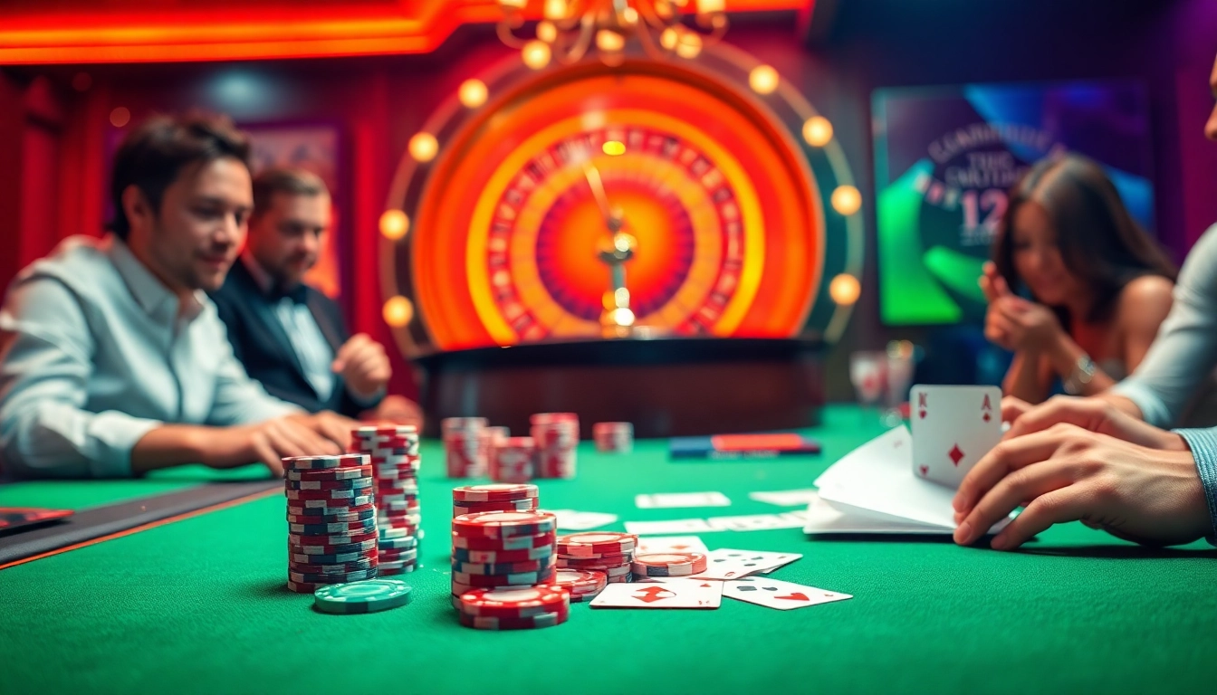 המהמרים נהנים ממשחק מותח על שולחן קזינו Stake סוכן עם קלפים וצ'יפים.