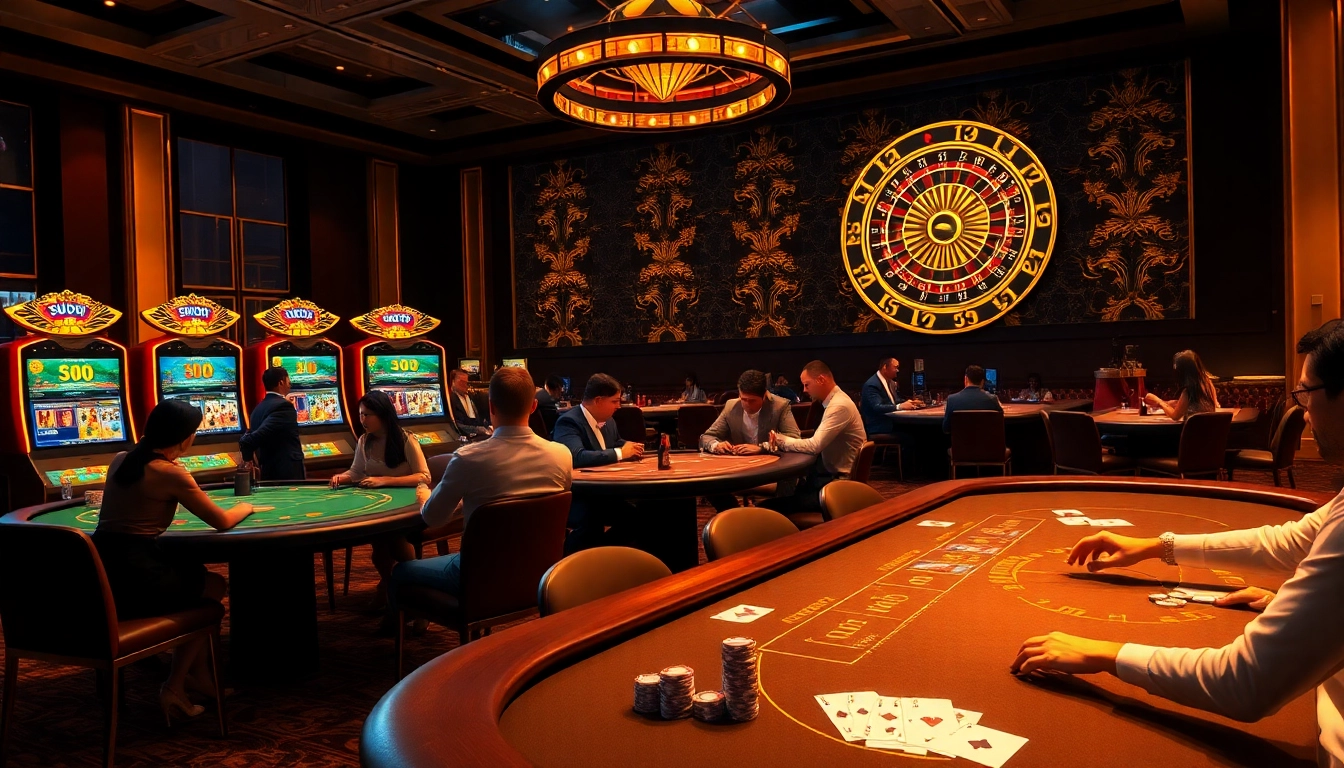 SODO66 casino scene showcasing vibrant gameplay with poker tables, slot machines, and roulette wheels.