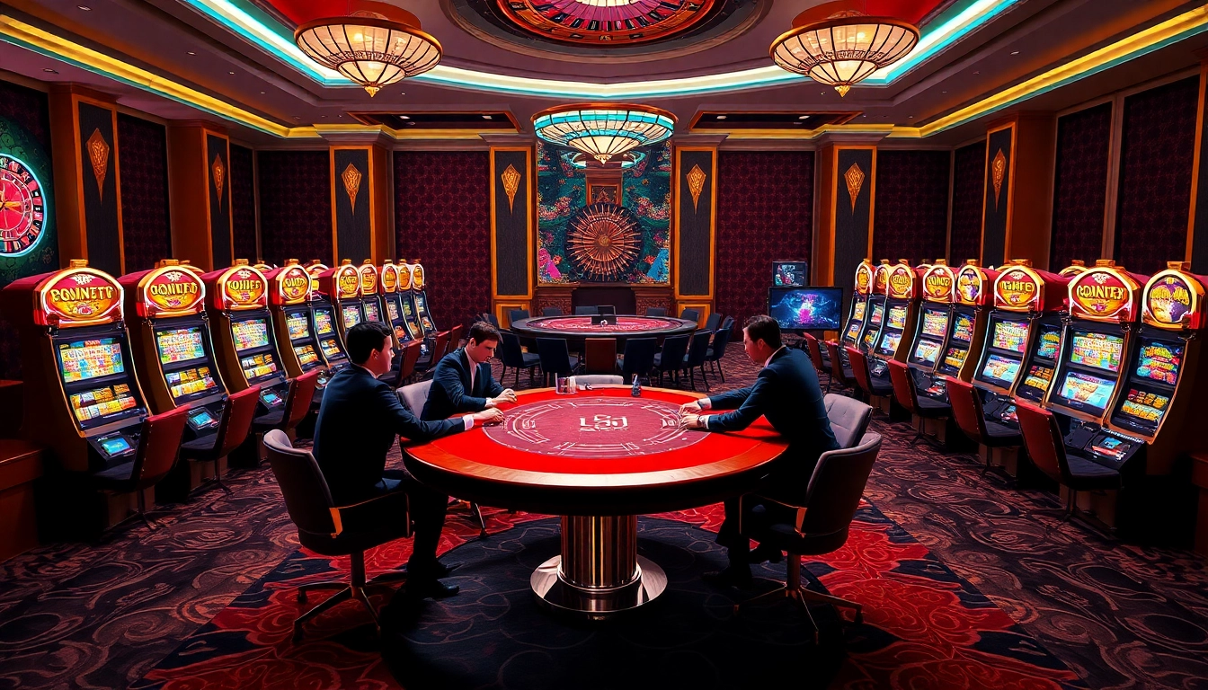 Experience the thrill of casino play at XX88 COM with engaged poker players and vibrant slot machines.