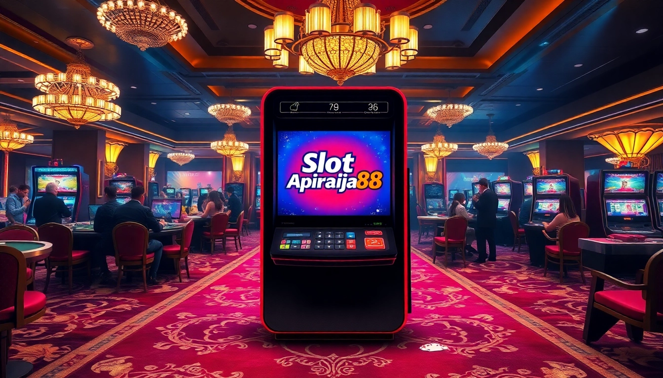 Players enjoying slot online apiraja88 in a vibrant, elegant casino environment with shining slot machines.