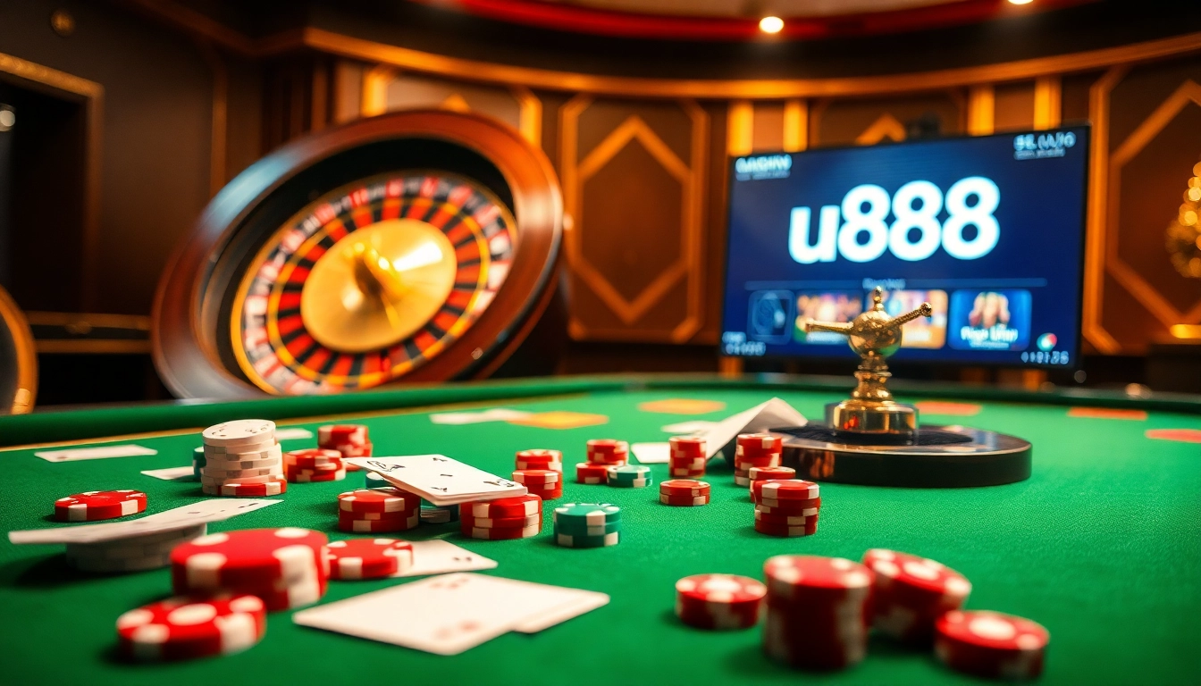 Experience the thrill of winning at u888 with a vibrant casino scene showcasing online gaming elements.
