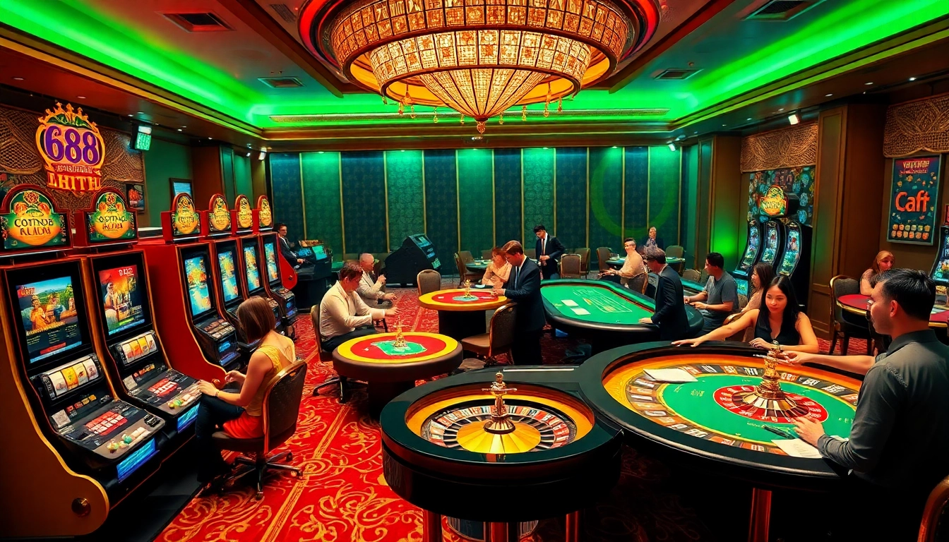 Experience the excitement of 688v with vibrant casino scenes showcasing slot machines and gaming tables.
