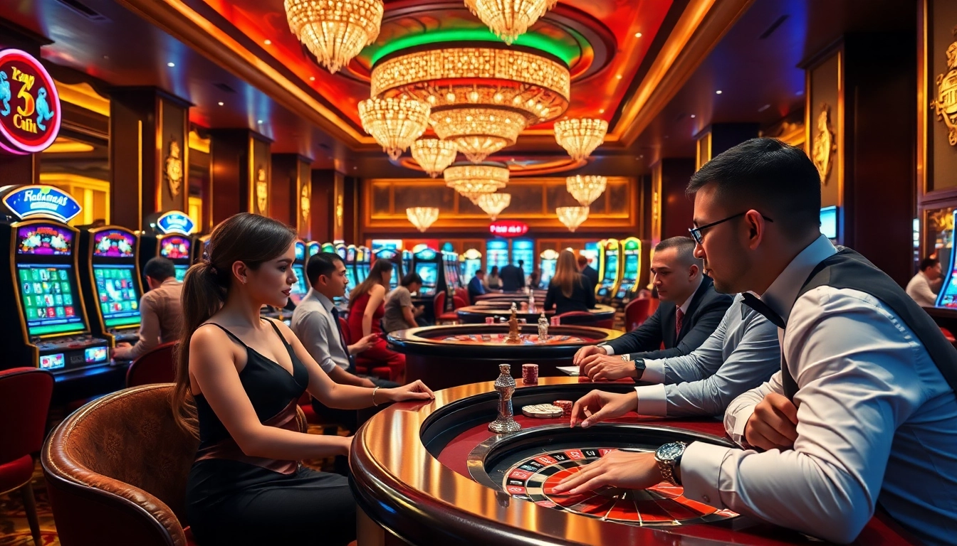 Players enjoying thrilling games at nhà cái Man88's luxurious casino environment.
