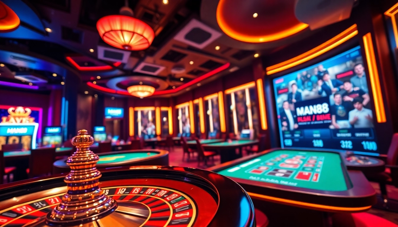 Engaged players strategizing at nhà cái Man88's online casino featuring roulette and poker tables.