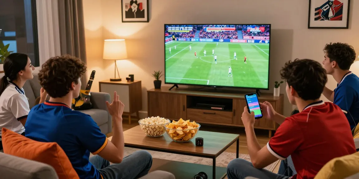 Exciting live football match بث مباشر in cozy living room with friends cheering.